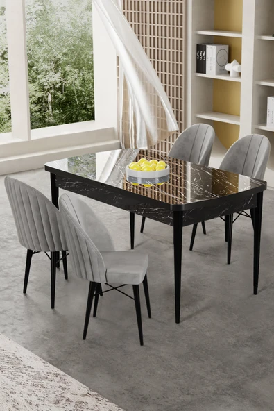 Canisa Gale Serisi 80x132 Açılabilir Lak Panel Siyah Mermer Desen Mutfak Masa Takımı 4 Gri Sandalye ürün görseli 1