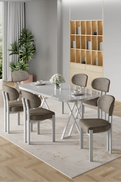 Canisa Radon Serisi MDF 90x168 Sabit Beyaz Mutfak Masası Takımı 6 Cappucino Sandalye ürün görseli 1