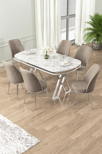 Canisa Lai Serisi 90x168 Lak Panel Beyaz Mermer Desen Krom Ayak Masa Takımı 6 Cappucino Sandalye ürün görseli 1