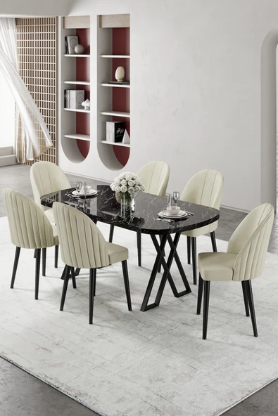 Canisa Kaye Serisi Mdf 90x168 Siyah Mermer Desen Mutfak Masası Takımı 6 Krem Sandalye ürün görseli 1
