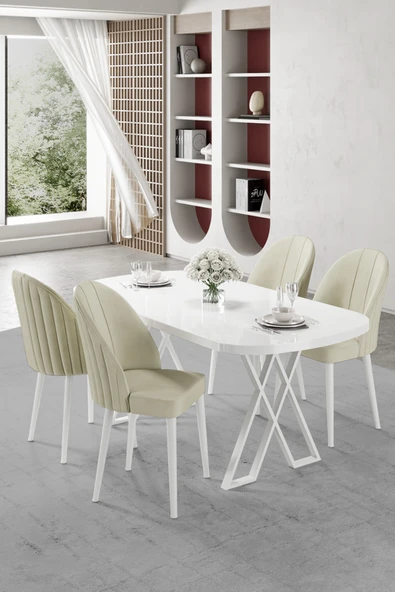 Canisa Kaye Serisi Mdf 90x168 Beyaz Mutfak Masası Takımı 4 Krem Sandalye ürün görseli 1