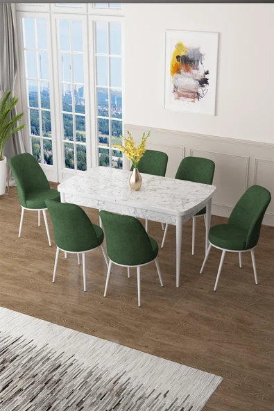 Canisa Zen Serisi 80x132 Mdf Açılabilir Beyaz Mermer Desen Masa Takımı Ve 6 Haki Yeşil Sandalye ürün görseli 1
