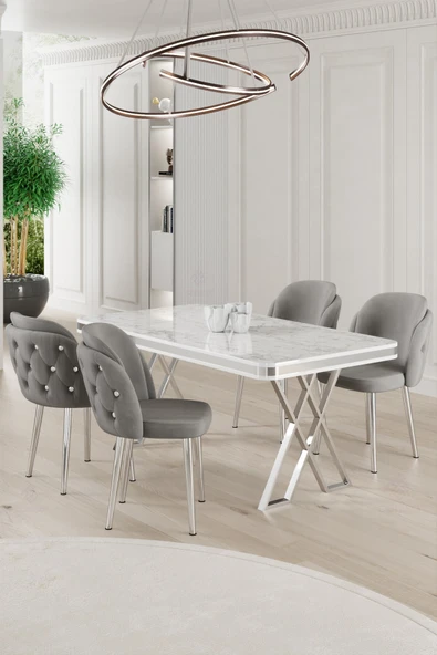 Canisa Rigel Serisi 80x130 Lak Panel Beyaz Mermer Desen Masa Takımı Krom Ayaklı 4 Gri Sandalye ürün görseli 1