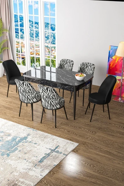 Canisa Concept Zen Serisi 80x132 Mdf Açılabilir Siyah Mermer Desen Masa Takımı 4 Zebra Ve 2 Siyah Sandalye ürün görseli 1