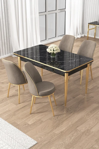 Canisa Rewa Serisi 70x110 Sabit Siyah Mermer Desen Gold Detay Masa Takımı ve 4 Cappucino Sandalye ürün görseli 1