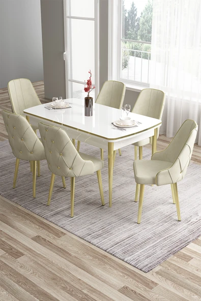 Canisa Tia Serisi 80x132 Açılabilir Mdf Beyaz Gold Detay Mutfak Masa Takımı Ve 6 Krem Sandalye ürün görseli 1