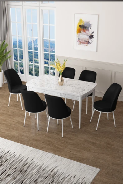 Canisa Concept Zen Serisi 80x132 Mdf Açılabilir Beyaz Mermer Desen Masa Takımı Ve 6 Siyah Sandalye ürün görseli 1