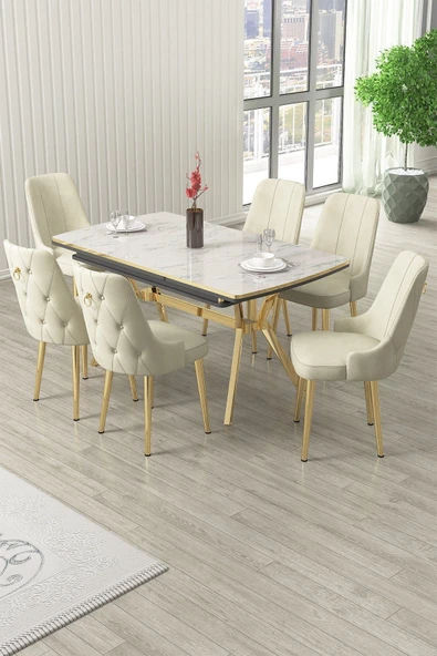 Canisa Nis Serisi 89x150 Açılabilir Lak Panel Beyaz Mermer Desen Masa Takımı 6 Krem Sandalye ürün görseli 1