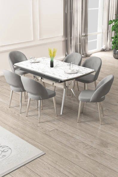 Canisa Weps Serisi 89x150 Açılabilir Lak Panel Beyaz Mermer Krom Ayak Masa Takımı ve 6 Gri Sandalye ürün görseli 1