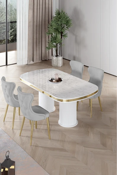 Canisa Galya Serisi Lak Panel 90x168 Sabit Beyaz Mermer Desen Mutfak Masa Takımı 4 Sandalye ürün görseli 1