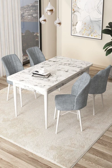 Canisa Arp Serisi 70x110 Sabit Mutfak Masası Takımı Beyaz Mermer Desen Masa 4 Gri Sandalye ürün görseli 1
