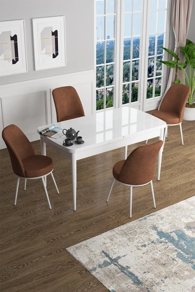 Canisa Han Serisi 70x114 Açılabilir Mdf Mutfak Masası Takımı Beyaz Masa 4 Kiremit Sandalye ürün görseli 1