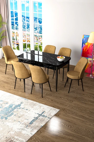 Canisa Zen Serisi 80x132 Mdf Açılabilir Siyah Mermer Desen Masa Takımı Ve 6 Cappucino Sandalye ürün görseli 1