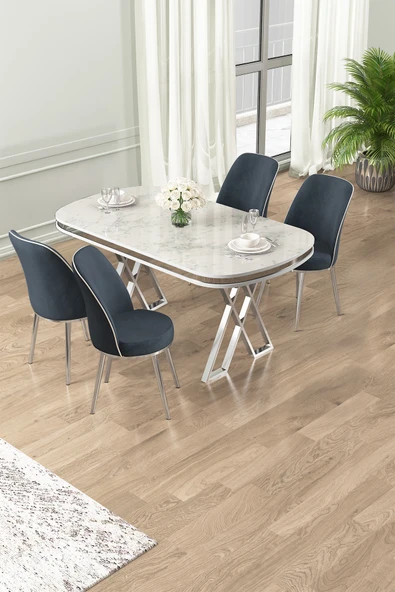 Canisa Lai Serisi 90x168 Lak Panel Beyaz Mermer Desen Masa Ve 4 Antrasit Sandalye Krom Ayak ürün görseli 1