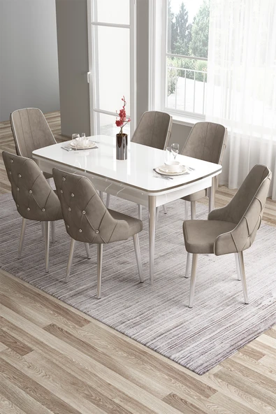 Canisa Tia Serisi 80x132 Açılabilir Mdf Mutfak Masası Takımı Beyaz Masa Krom Detay 6 Cappucino Sandalye ürün görseli 1