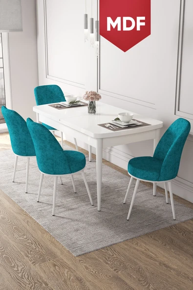 Canisa Kor Serisi 70x114 Açılabilir MDF Mutfak Masası Takımı Beyaz Masa 4 Turkuaz Sandalye ürün görseli 1