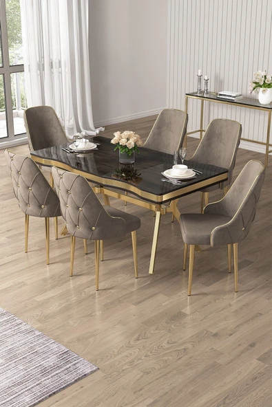 Canisa Vae Serisi 90x160 Lak Panel Antrasit Ironi Gold Ayak Masa Takımı 6 Cappucino Sandalye ürün görseli 1