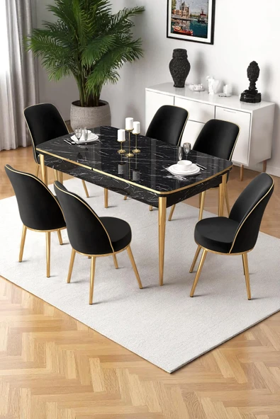 Canisa Nira Serisi 70x114 Mdf Siyah Mermer Desen Mutfak Masa Takımı 6 Siyah Sandalye Gold Detay ürün görseli 1