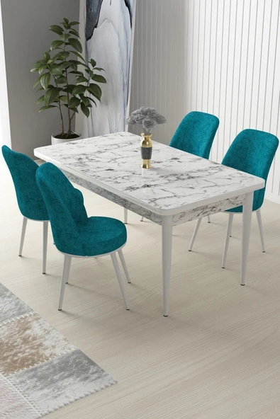 Canisa Nil Serisi 70x110 Sabit Mutfak Masası Takımı Beyaz Mermer Desen Masa 4 Turkuaz Sandalye ürün görseli 1