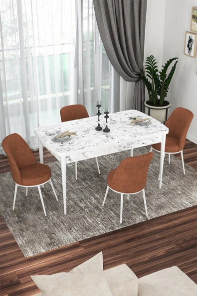 Canisa Kor Serisi 70x114 Açılabilir Mutfak Masası Takımı Beyaz Mermer Desen Masa 4 Kiremit Sandalye ürün görseli 1