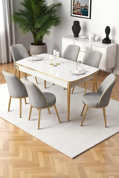 Canisa Nira Serisi 70x114 Mdf Açılabilir Beyaz Mutfak Masa Takımı 6 Gri Sandalye Gold Detay ürün görseli 1
