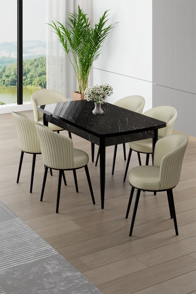 Canisa Asfel Serisi MDF 77x130 Siyah Mermer Desen Yandan Açılabilir Mutfak Masa Takımı 6 Krem Sandalye ürün görseli 1