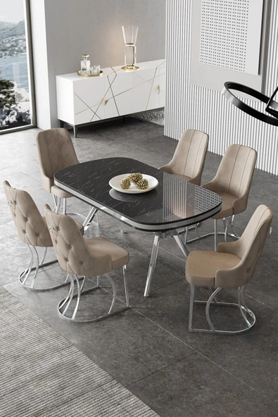 Canisa Epal Serisi 90x168 Lak Panel Siyah Mermer Desen Krom Ayaklı Masa Takımı ve 6 Cappucino Sandalye ürün görseli 1