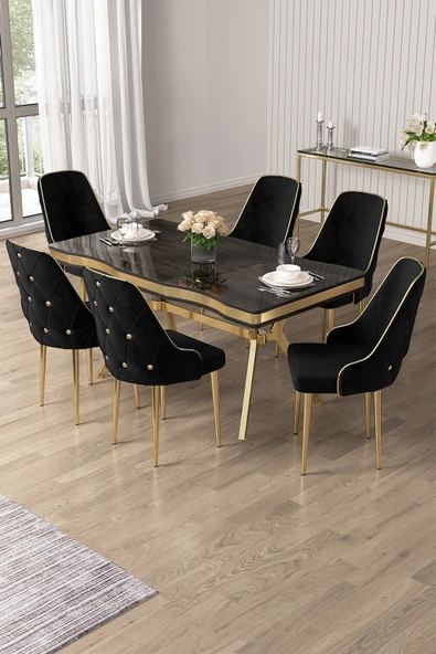 Canisa Vae Serisi 90x160 Lak Panel Antrasit Ironi Gold Ayak Masa Takımı 6 Siyah Sandalye ürün görseli 1