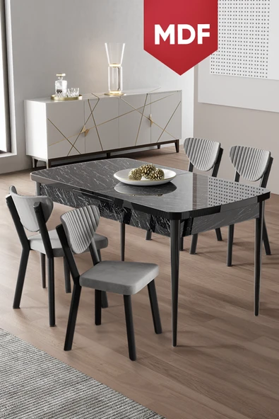 Canisa Exve Serisi 80x132 Açılabilir MDF Siyah Mermer Desen Masa Takımı ve 4 Gri Sandalye ürün görseli 1