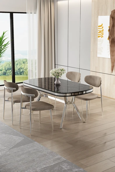 Canisa Olya Serisi 90x168 Lak Panel Sonata Masa Takımı Krom Ayaklı 4 Cappucino Sandalye ürün görseli 1