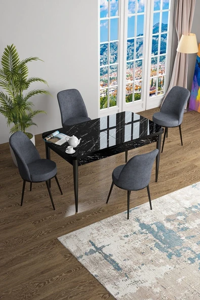 Canisa Han Serisi, Siyah Mermer Desen 70x114 Açılabilir Mdf Mutfak Masa Takımı, 4 Füme Sandalye ürün görseli 1