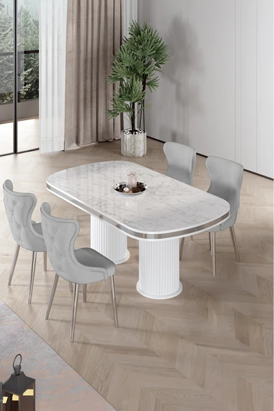 Canisa Galya Serisi Lak Panel 90x168 Sabit Beyaz Mermer Desen Mutfak Masa Takımı 4 Sandalye ürün görseli 1