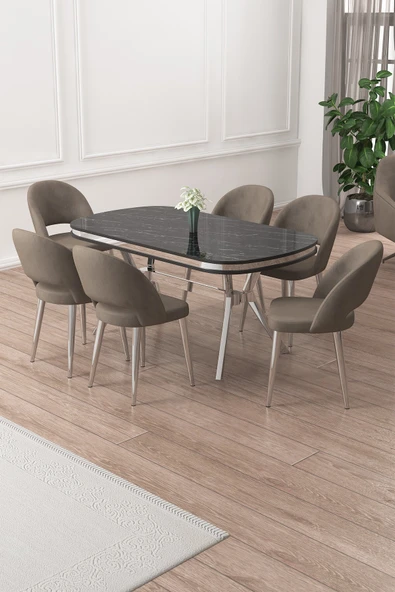 Canisa Jita Serisi 90x168 Lak Panel Siyah Mermer Krom Ayak Masa Takımı ve 6 Cappucino Sandalye ürün görseli 1