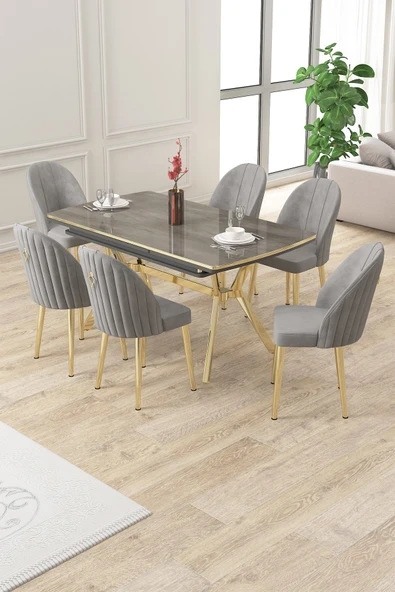 Canisa Sim Serisi 89x150 Açılabilir Lak Panel Antrasit İroni Gold Ayak Masa Takımı ve 6 Gri Sandalye ürün görseli 1