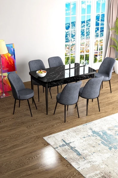 Canisa Han Serisi 70x114 Açılabilir Mdf Mutfak Masası Takımı Siyah Mermer Desen Masa 6 Füme Sandalye ürün görseli 1