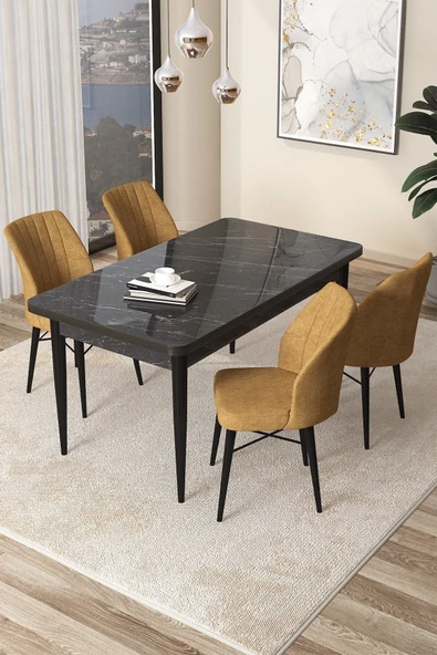 Canisa Arp Serisi 70x110 Sabit Mutfak Masası Takımı Siyah Mermer Desen Masa 4 Cappucino Sandalye ürün görseli 1