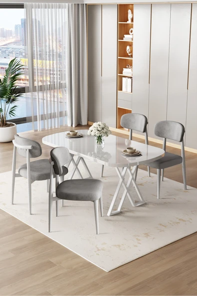 Canisa Jolin Serisi Mdf 90x168 Beyaz Mutfak Masa Takımı 4 Gri Metal Sandalye ürün görseli 1