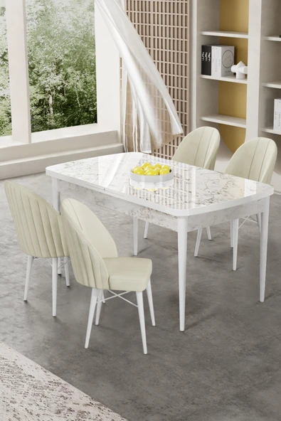 Canisa Gale Serisi 80x132 Açılabilir Lak Panel Beyaz Mermer Desen Mutfak Masa Takımı 4 Krem Sandalye ürün görseli 1