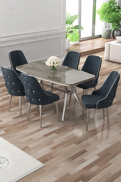 Canisa Asel Serisi 90x160 Lak Panel Antrasit İroni Krom Ayaklı Masa Takımı ve 6 Antrasit Sandalye ürün görseli 1