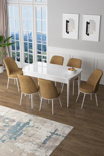 Canisa Zen Serisi 80x132 Mdf Açılabilir Beyaz Masa Takımı Ve 6 Cappucino Sandalye ürün görseli 1