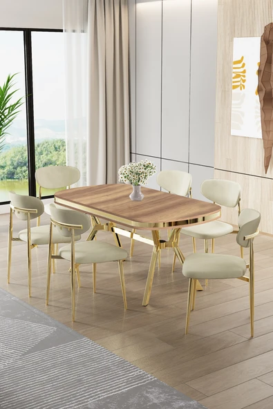 Canisa Olya Serisi 90x168 Lak Panel Hazar Masa Takımı Gold Ayaklı 6 Krem Sandalye ürün görseli 1