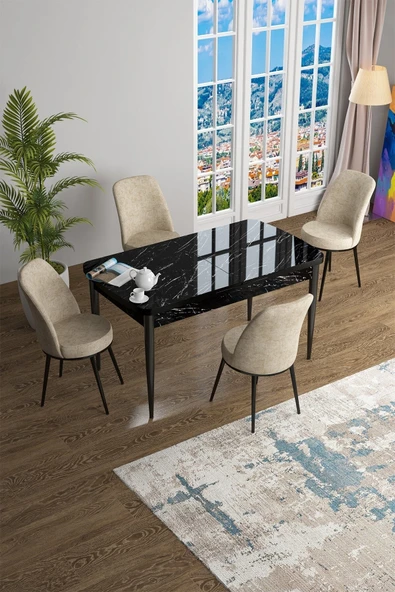 Canisa Han Serisi, Siyah Mermer Desen 70x114 Açılabilir Mdf Mutfak Masa Takımı, 4 Krem Sandalye ürün görseli 1