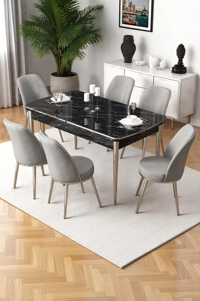 Canisa Nira Serisi 70x114 Mdf Siyah Mermer Desen Mutfak Masa Takımı 6 Gri Sandalye Krom Detay ürün görseli 1