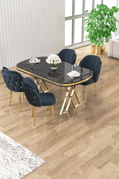 Canisa Zae Serisi 90x168 Lak Panel Siyah Mermer Desen Gold Ayak Masa Takımı 4 Antrasit Sandalye ürün görseli 1
