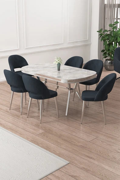 Canisa Jita Serisi 90x168 Lak Panel Rampla Gri Krom Ayak Masa Takımı ve 6 Antrasit Sandalye ürün görseli 1
