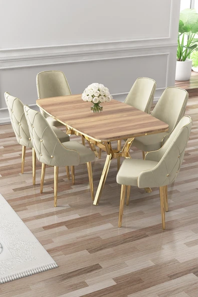 Canisa Asel Serisi 90x160 Lak Panel Hazar Gold Kaplama Ayaklı Masa Takımı ve 6 Krem Sandalye ürün görseli 1