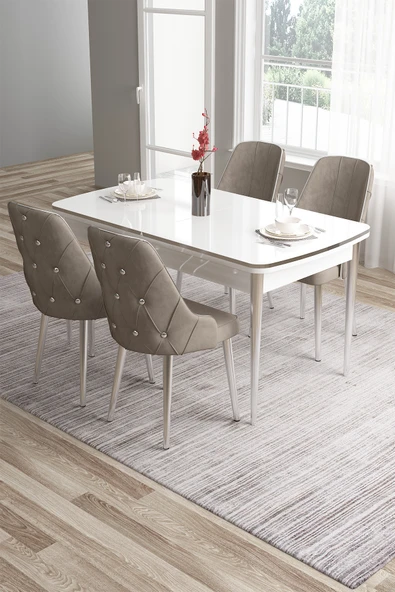 Canisa Tia Serisi 80x132 Açılabilir Mdf Krom Detay Beyaz Yemek Masası Ve 4 Cappucino Sandalye ürün görseli 1