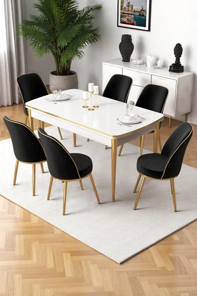 Canisa Nira Serisi 70x114 Mdf Açılabilir Beyaz Mutfak Masa Takımı 6 Siyah Sandalye Gold Detay ürün görseli 1