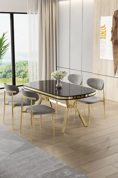 Canisa Olya Serisi 90x168 Lak Panel Sonata Masa Takımı Gold Ayaklı 4 Gri Sandalye ürün görseli 1