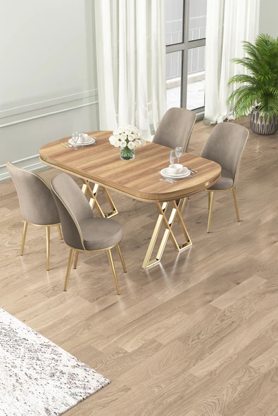 Canisa Lai Serisi 90x168 Lak Panel Hazar Masa ve 4 Cappucino Sandalye Gold Kaplama Ayak ürün görseli 1